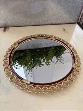 Vintage Hollywood Regency Hanging Mirror Gold Link Jeweled Ruby Red Enamel Trim